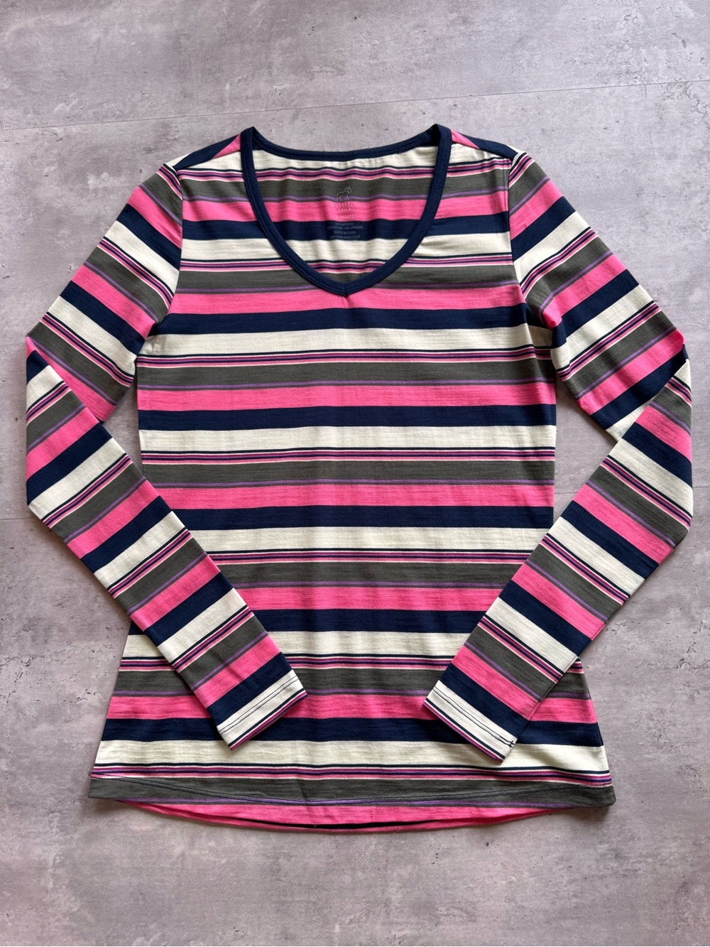 WoolX Layla Long Sleeve Stripe Merino Wool Blend Tee, Pink Green XS Like New